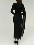 SHEIN Aloruh Women's Draped Mesh Patchwork Elegant Long Sleeve Dress,Black Dress For Women
