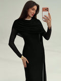 SHEIN Aloruh Women's Draped Mesh Patchwork Elegant Long Sleeve Dress,Black Dress For Women