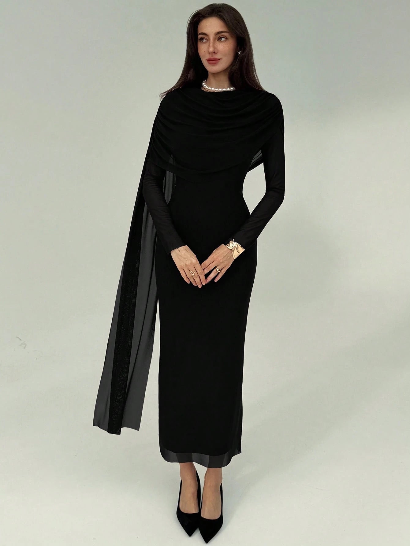 SHEIN Aloruh Women's Draped Mesh Patchwork Elegant Long Sleeve Dress,Black Dress For Women