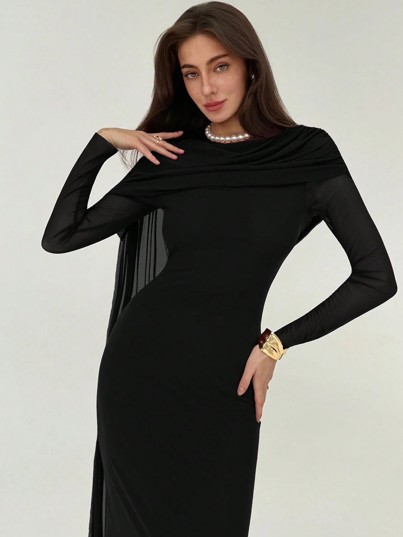 SHEIN Aloruh Women's Draped Mesh Patchwork Elegant Long Sleeve Dress,Black Dress For Women