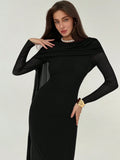 SHEIN Aloruh Women's Draped Mesh Patchwork Elegant Long Sleeve Dress,Black Dress For Women
