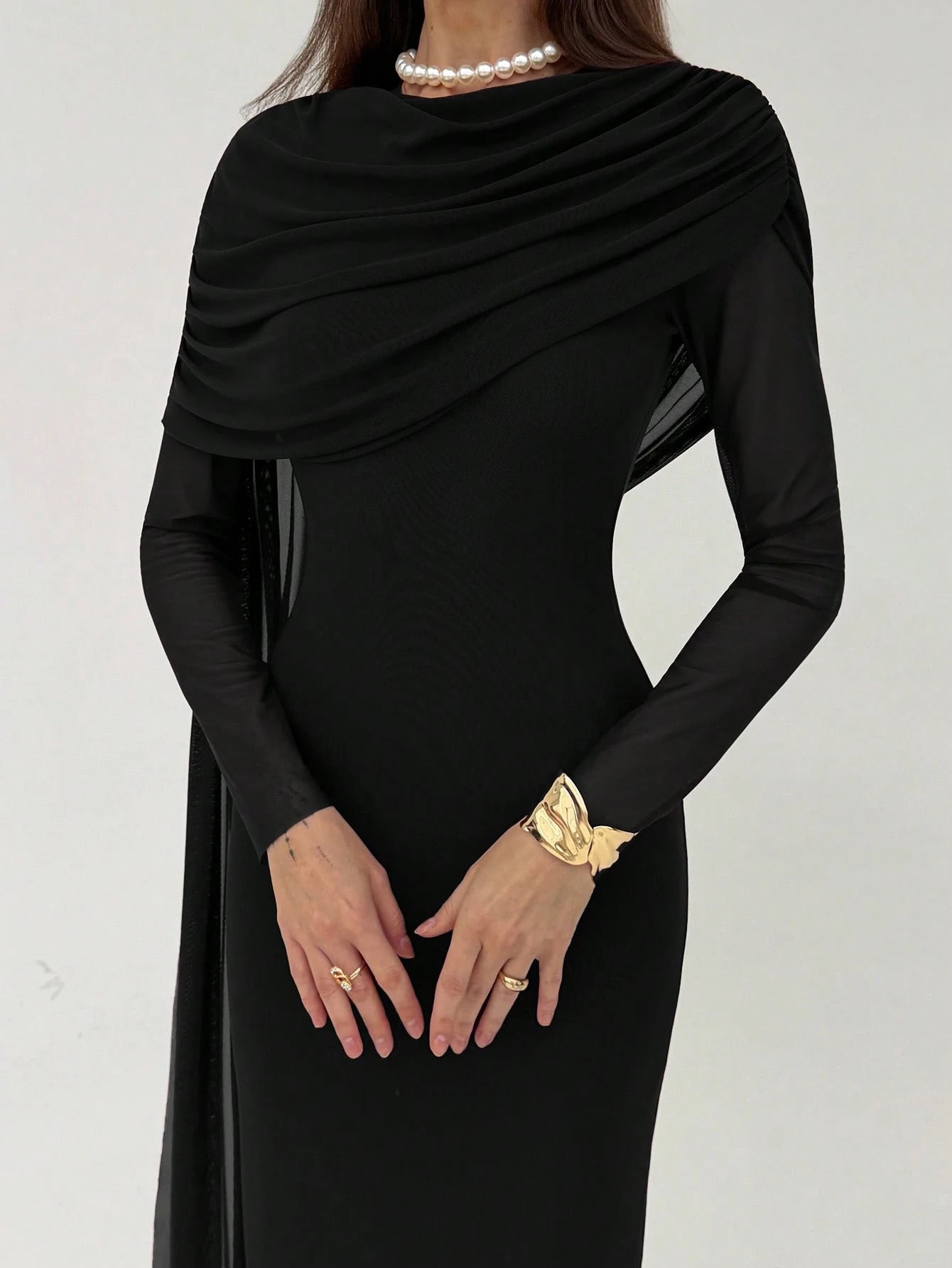 SHEIN Aloruh Women's Draped Mesh Patchwork Elegant Long Sleeve Dress,Black Dress For Women