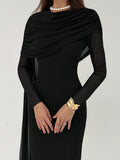 SHEIN Aloruh Women's Draped Mesh Patchwork Elegant Long Sleeve Dress,Black Dress For Women