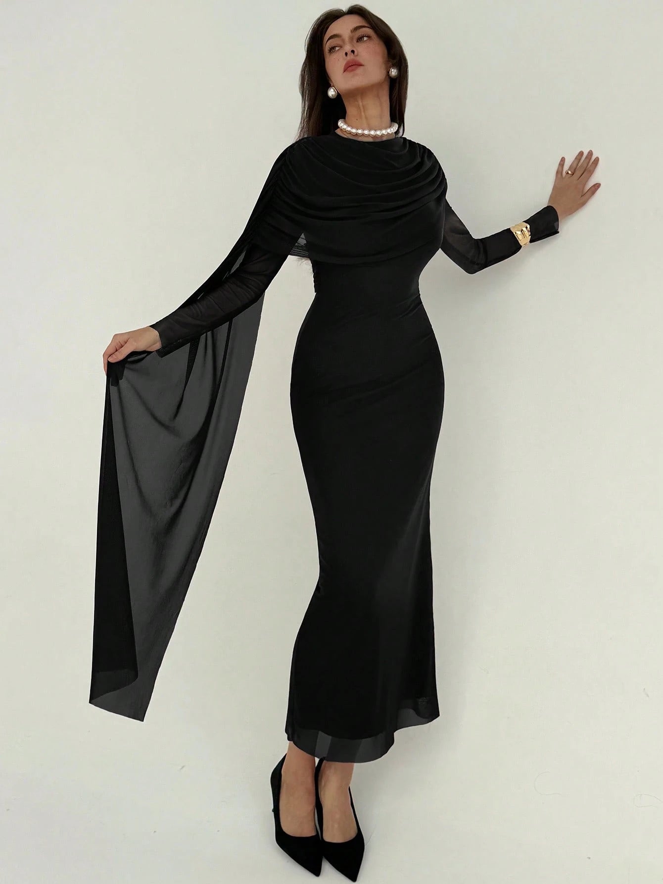 SHEIN Aloruh Women's Draped Mesh Patchwork Elegant Long Sleeve Dress,Black Dress For Women