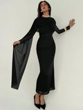 SHEIN Aloruh Women's Draped Mesh Patchwork Elegant Long Sleeve Dress,Black Dress For Women