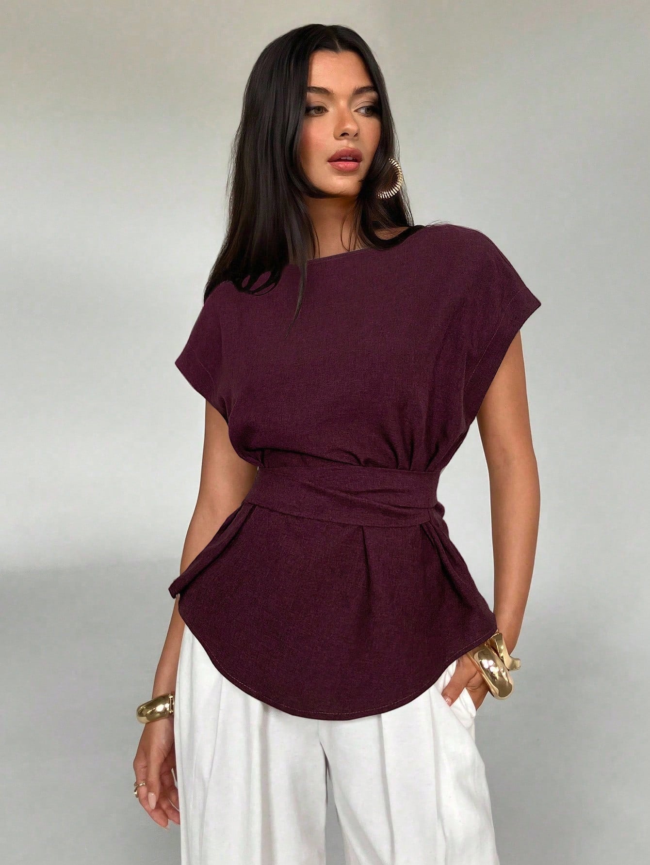  | Aloruh Women's Summer Casual Plain Color Batwing Sleeve Back Knotted Pleated Fitted Blouse | Top | Shein | OneHub