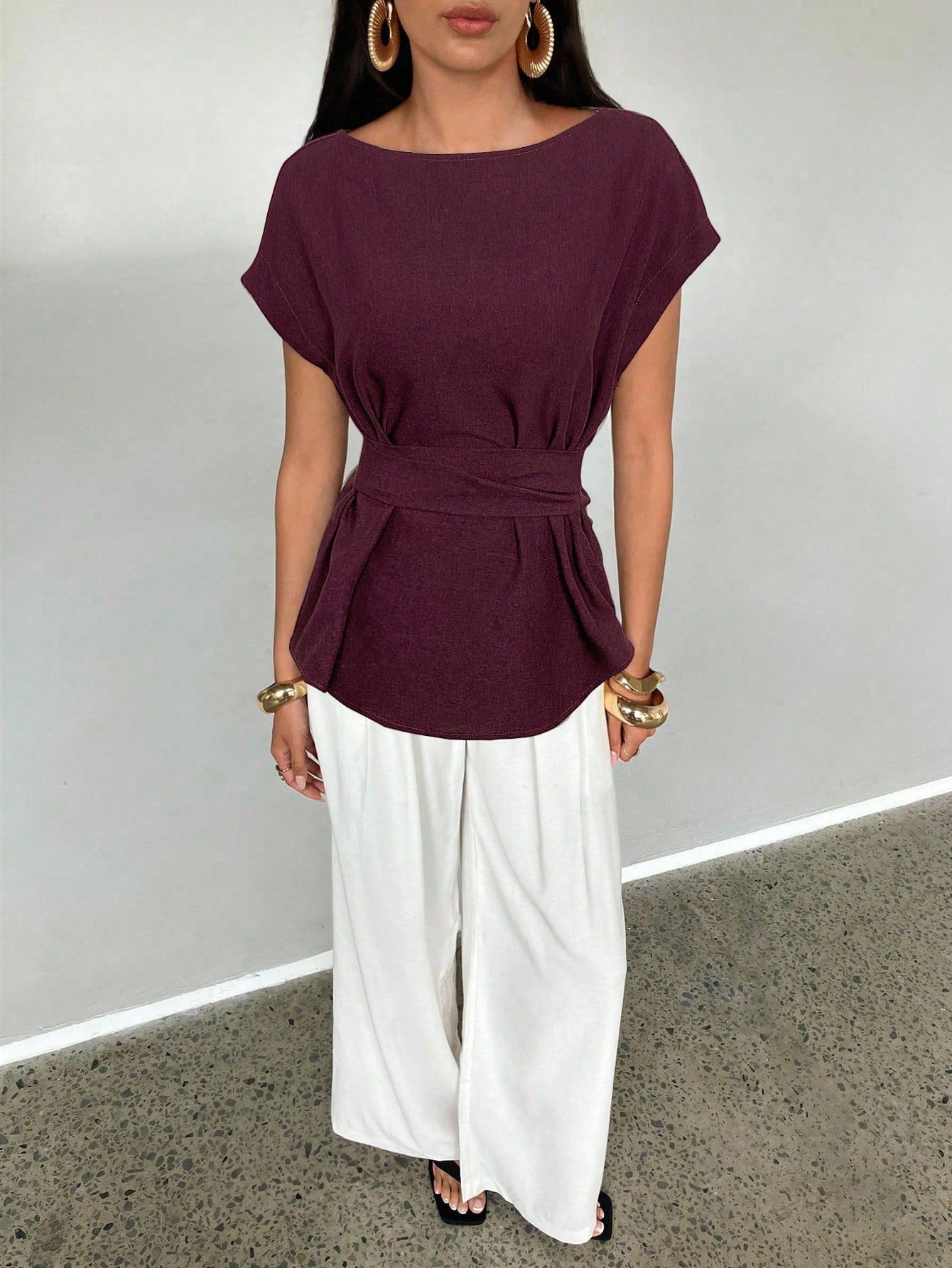  | Aloruh Women's Summer Casual Plain Color Batwing Sleeve Back Knotted Pleated Fitted Blouse | Top | Shein | OneHub