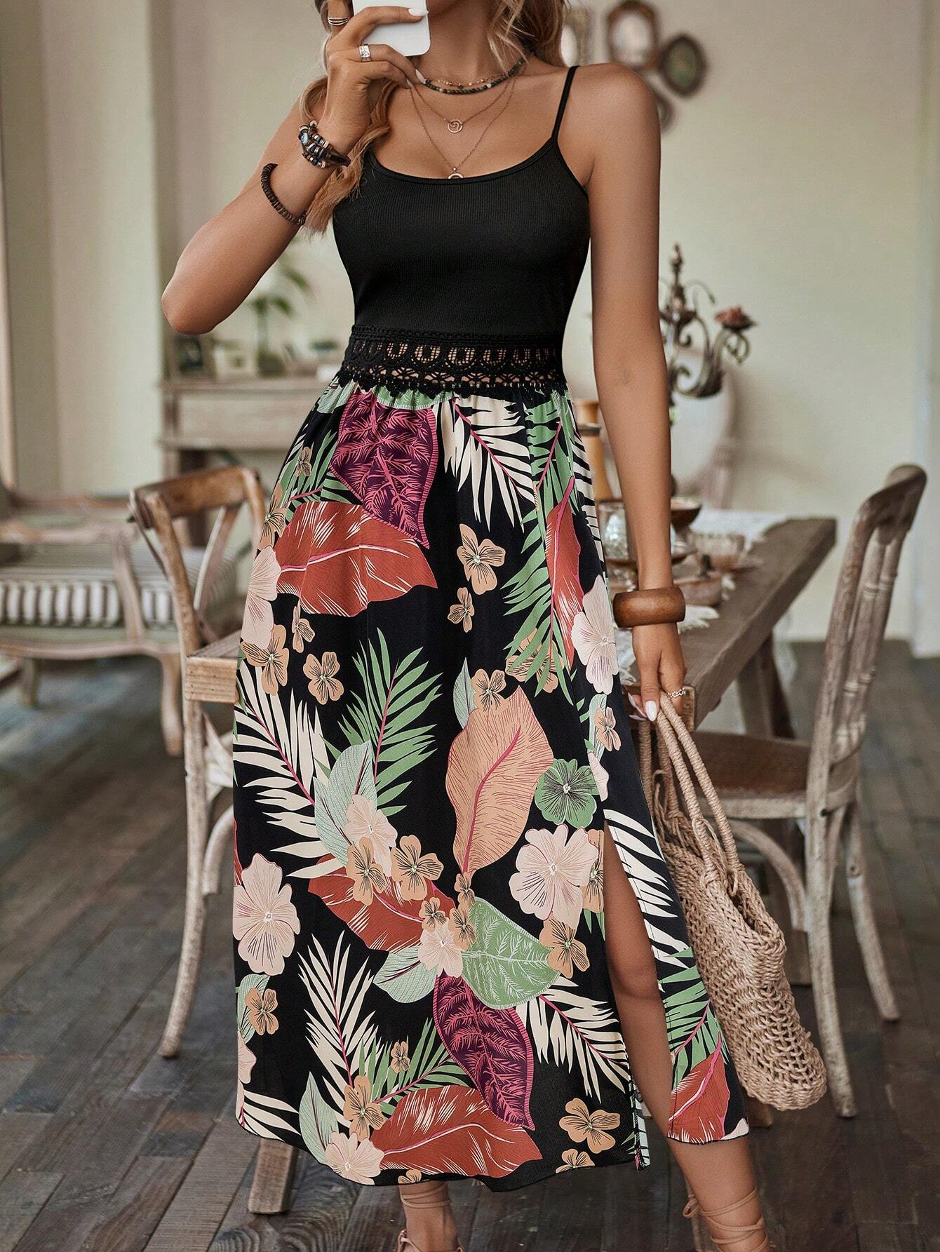  | SHEIN Amarilo Vacation Casual Floral Print Patchwork High Slit Sleeveless Dress | Dress | OneHub | OneHub