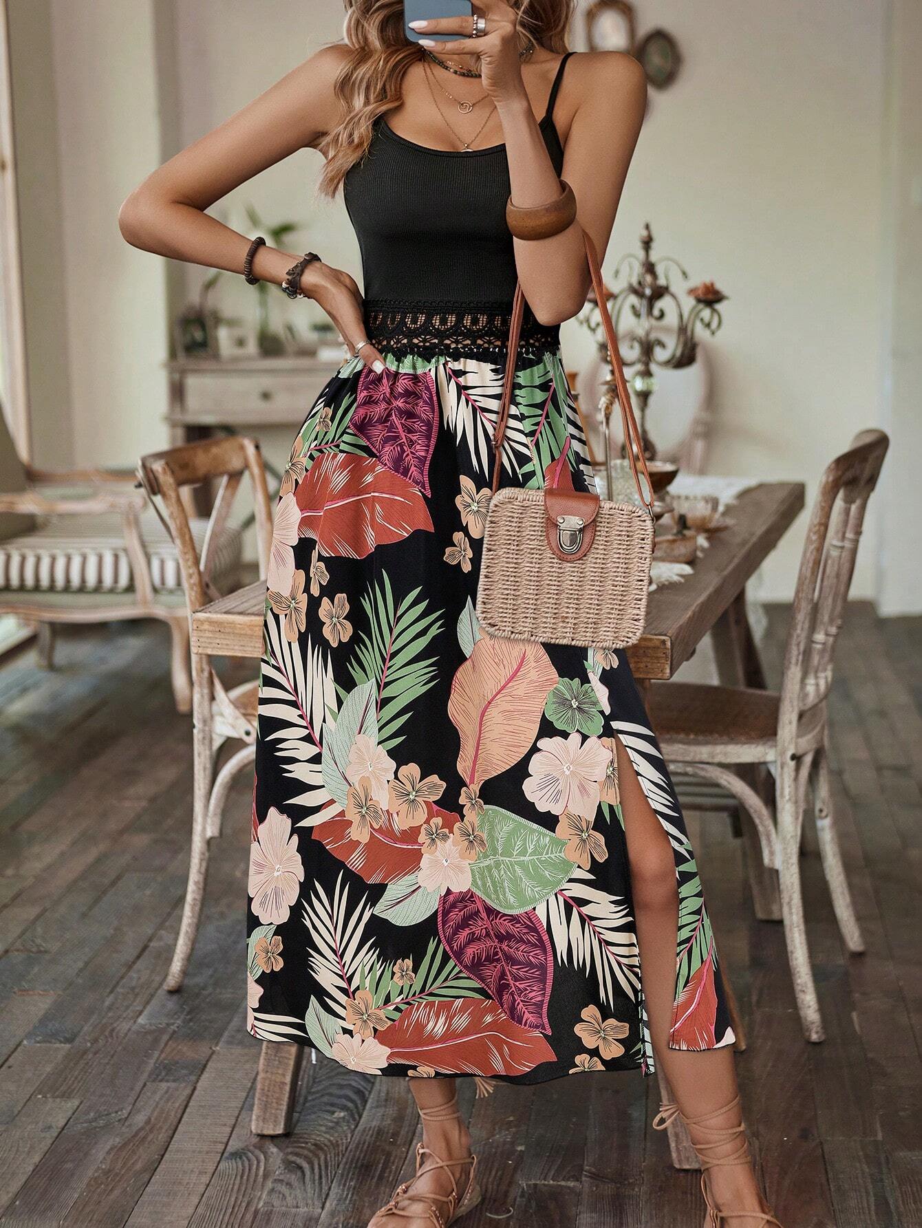  | SHEIN Amarilo Vacation Casual Floral Print Patchwork High Slit Sleeveless Dress | Dress | OneHub | OneHub