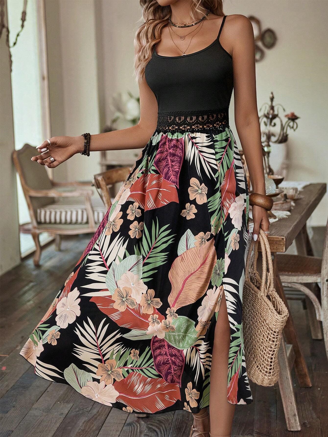  | SHEIN Amarilo Vacation Casual Floral Print Patchwork High Slit Sleeveless Dress | Dress | OneHub | OneHub