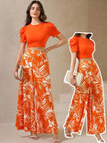 SHEIN Amorya 2pcs/Set Women Elegant Floral Print Wide Leg Pants And Knitted Pullover Top
