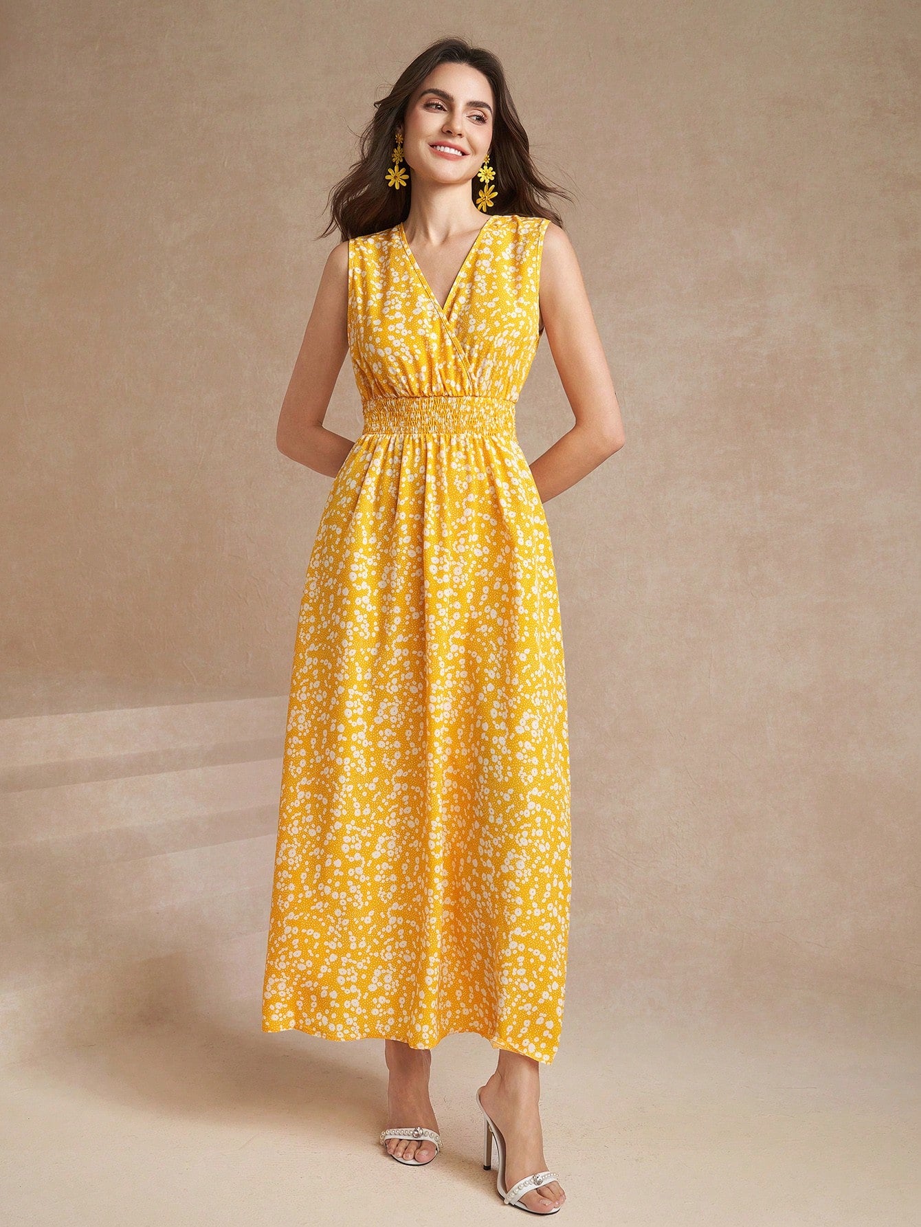 SHEIN Amorya Women's Sleeveless Floral Print Shirred Waist Dress,Paste | Dress