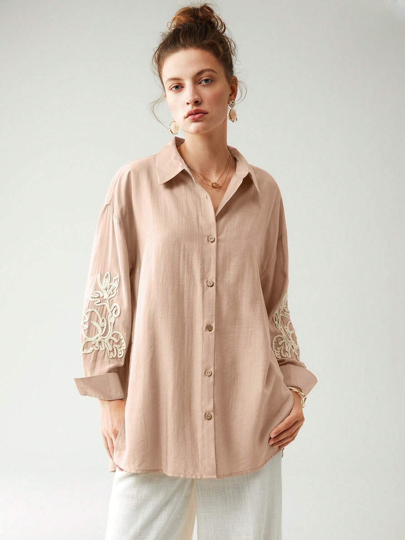  | SHEIN Anewsta Cotton Linen Texture Vacation Rose Hand Cranked Shirts | Blouse | Shein | OneHub