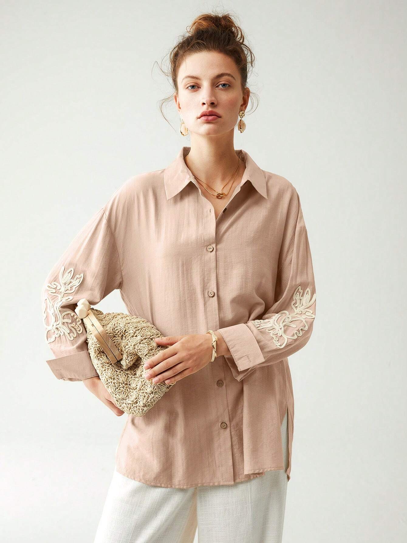 | SHEIN Anewsta Cotton Linen Texture Vacation Rose Hand Cranked Shirts | Blouse | Shein | OneHub