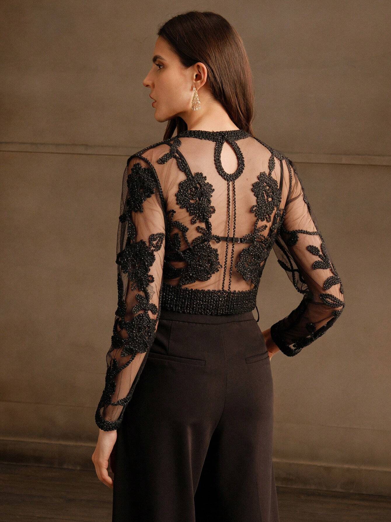  | SHEIN Anewsta Crochet Mesh Embroidery Sexy See-Through Blouse | Top | Shein | OneHub