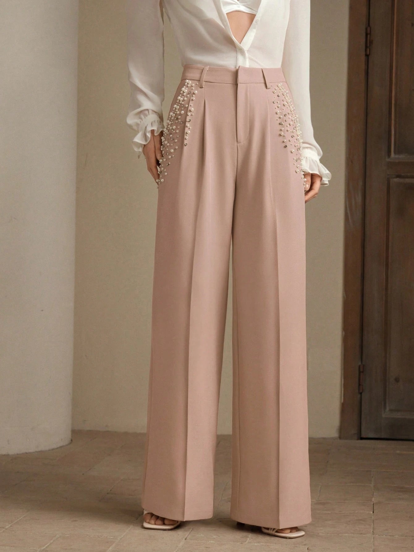 SHEIN Anewsta Fashion Diamond Decor Women Office Formal Pants, Suitable For Commute, Elegant And Casual