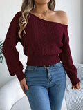 SHEIN Autumn/Winter Sexy Asymmetrical Shoulder Hollow Out Long Sleeve Knitted Sweater - Real Shooting,Long Sleeve Tops