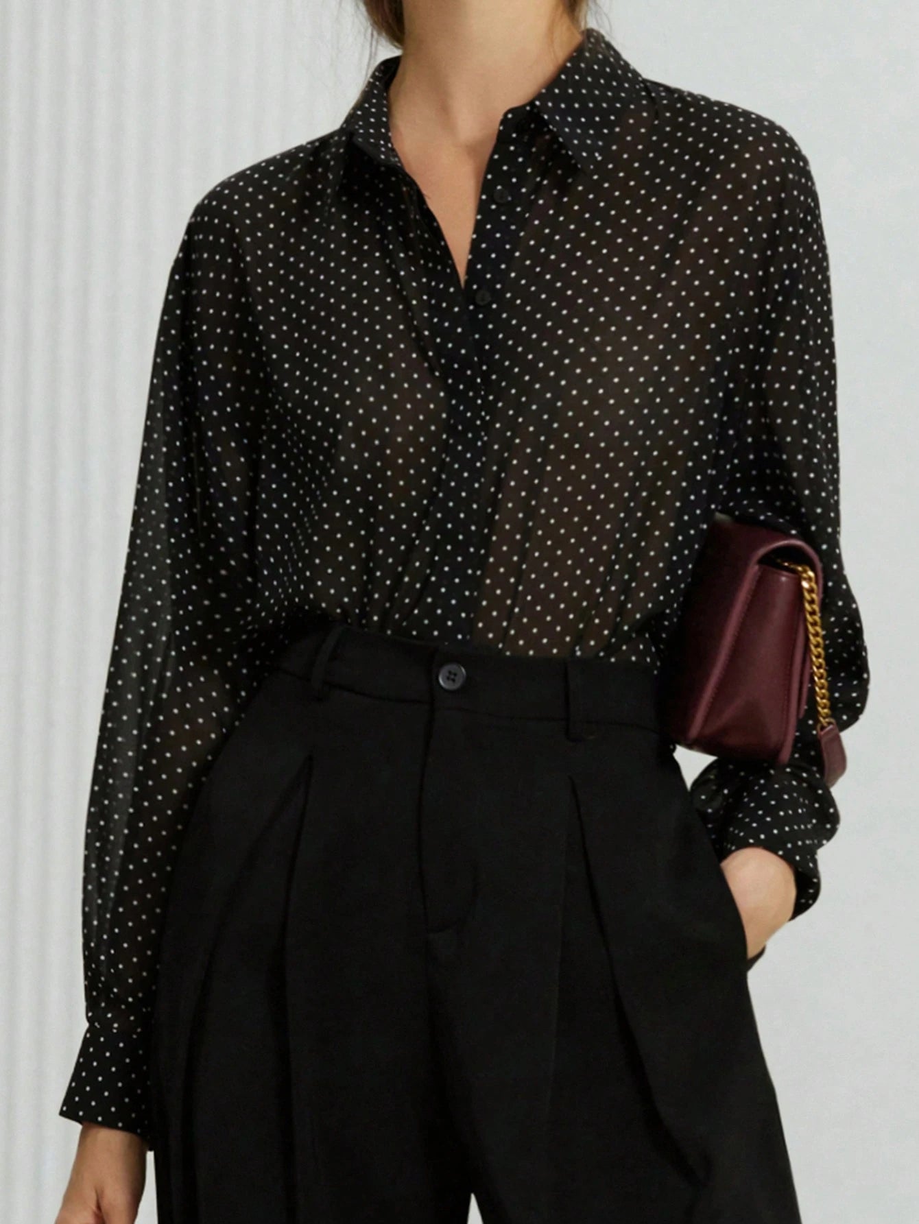  | SHEIN Aveloria Modichic Classic Black & White Polka Dot Chiffon Sheer Collared Long Sleeve Shirt For Women | Top | Shein | OneHub
