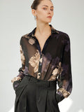SHEIN Aveloria Modichic Elegant High-Quality Button Front Sheer Vintage Floral Minimalist Dark Color Chiffon Print Long Sleeve Blouse For Women