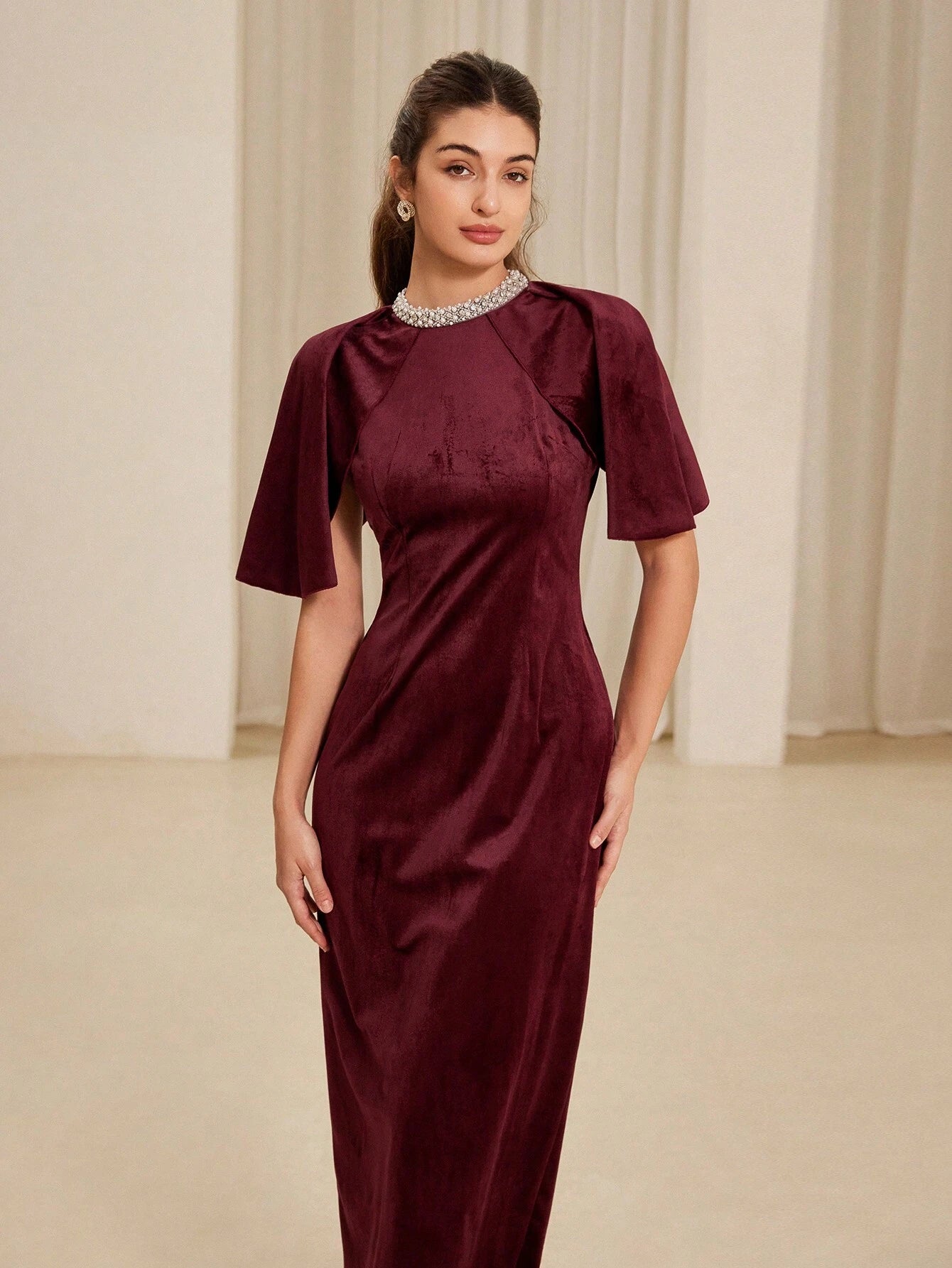 SHEIN Aveloria Rosie Elegant Beaded Collar Waist Cinched Velvet Bodyco | Dress | OneHub SHEIN Aveloria Rosie Elegant Beaded Collar Waist Cinched Velvet Bodyco | Dress | OneHub