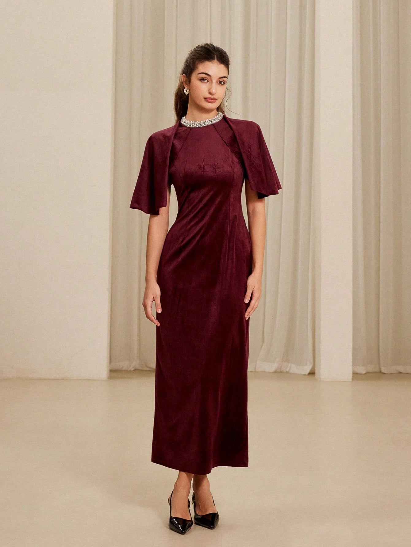 SHEIN Aveloria Rosie Elegant Beaded Collar Waist Cinched Velvet Bodyco | Dress