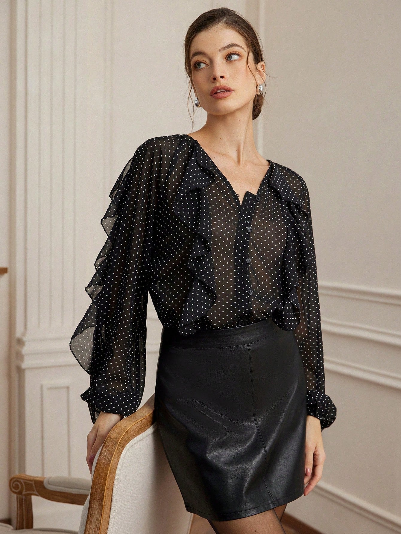 SHEIN Aveloria Rosie Elegant Vintage Polka Dot Textured Chiffon Ruffle Puff Sleeve Loose Blouse For Women