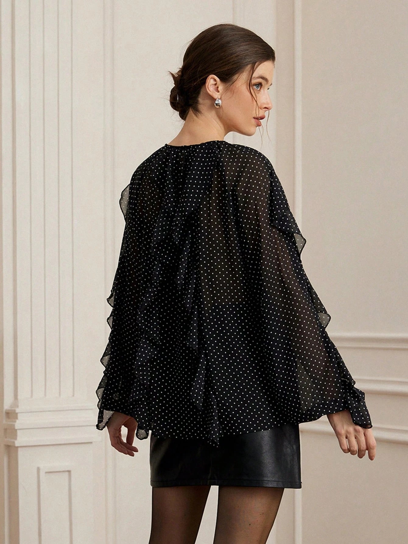 SHEIN Aveloria Rosie Elegant Vintage Polka Dot Textured Chiffon Ruffle Puff Sleeve Loose Blouse For Women