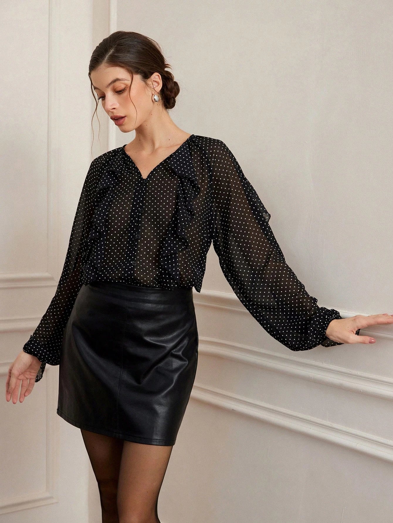 SHEIN Aveloria Rosie Elegant Vintage Polka Dot Textured Chiffon Ruffle Puff Sleeve Loose Blouse For Women