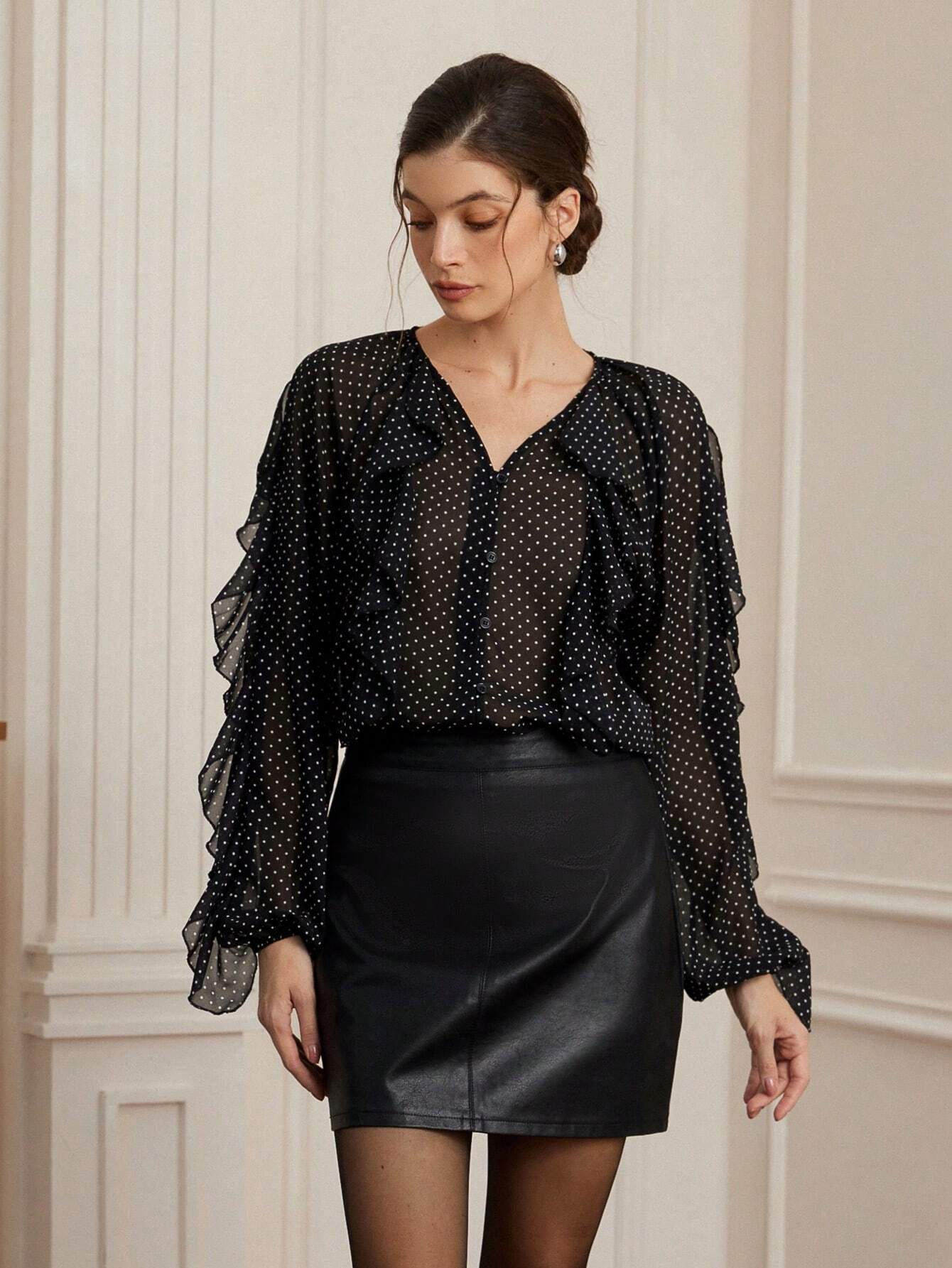 SHEIN Aveloria Rosie Elegant Vintage Polka Dot Textured Chiffon Ruffle Puff Sleeve Loose Blouse For Women