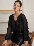 SHEIN Aveloria Rosie Elegant Vintage Polka Dot Textured Chiffon Ruffle Puff Sleeve Loose Blouse For Women