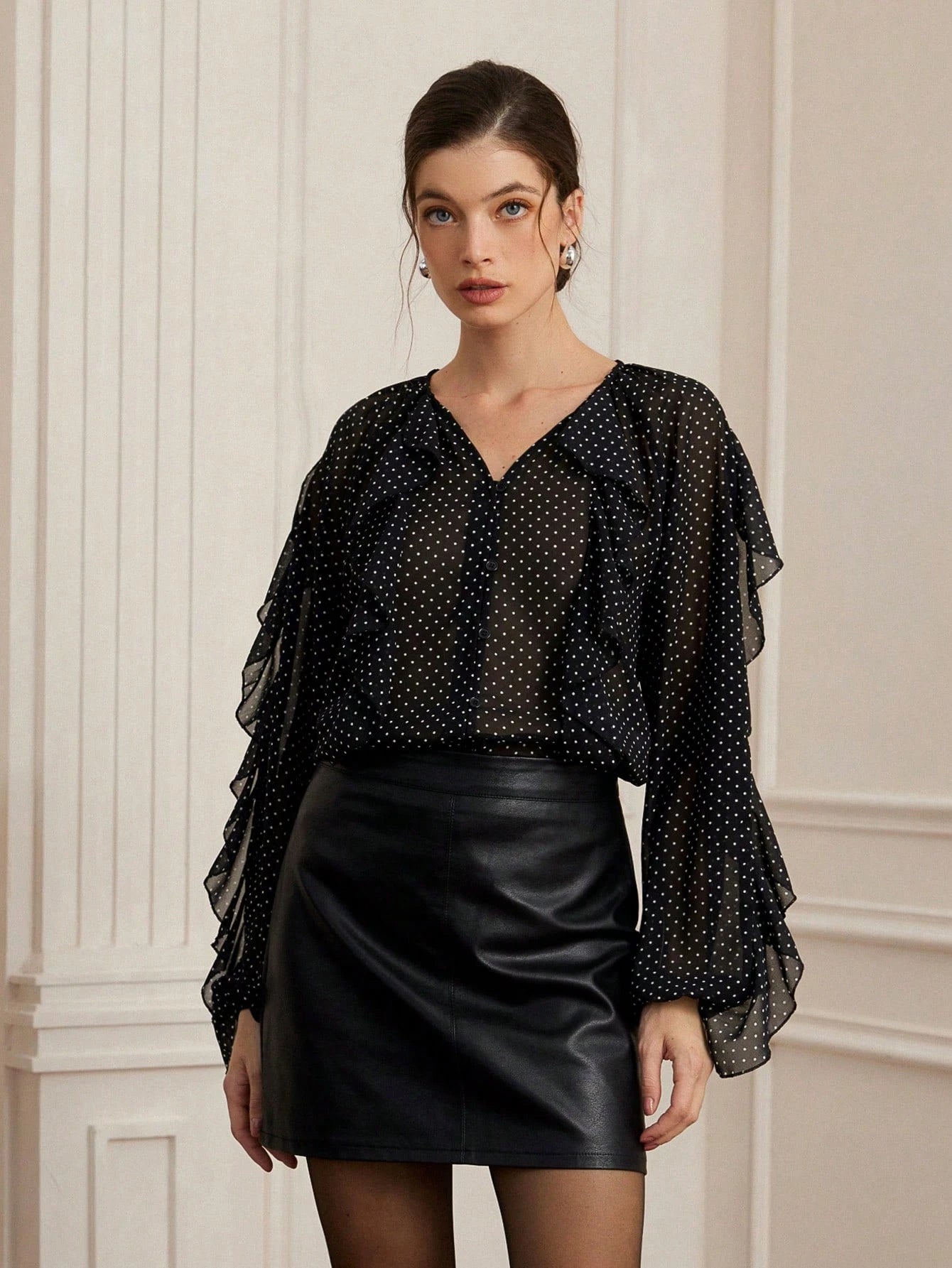 SHEIN Aveloria Rosie Elegant Vintage Polka Dot Textured Chiffon Ruffle Puff Sleeve Loose Blouse For Women
