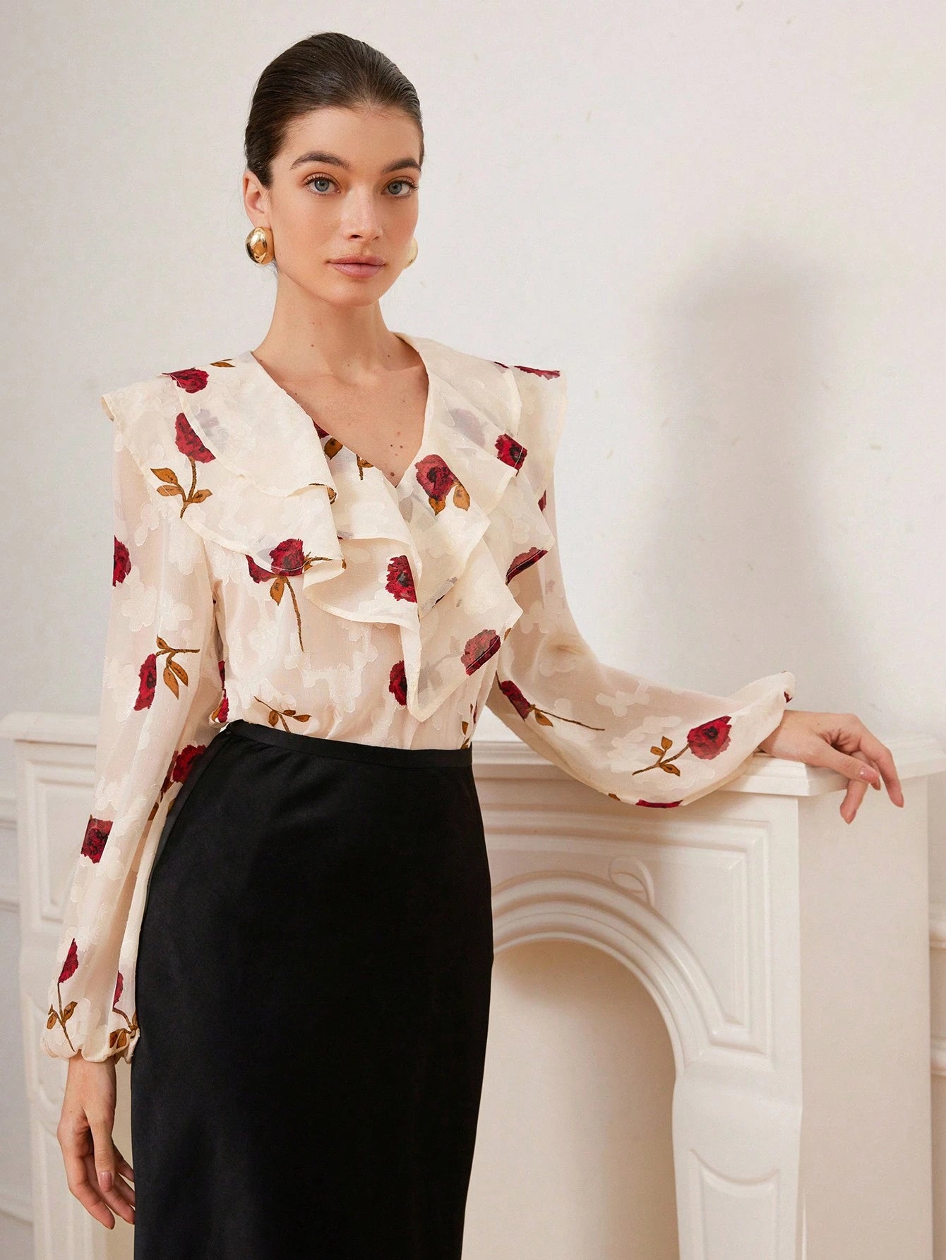 SHEIN Aveloria Rosie V-Neck Double Layer Ruffle Trim Sheer Cut-Out Floral Chiffon Women Long Sleeve Cropped Blouse, Romantic Italian Style Elegant Fashionable Style For Spring Fall