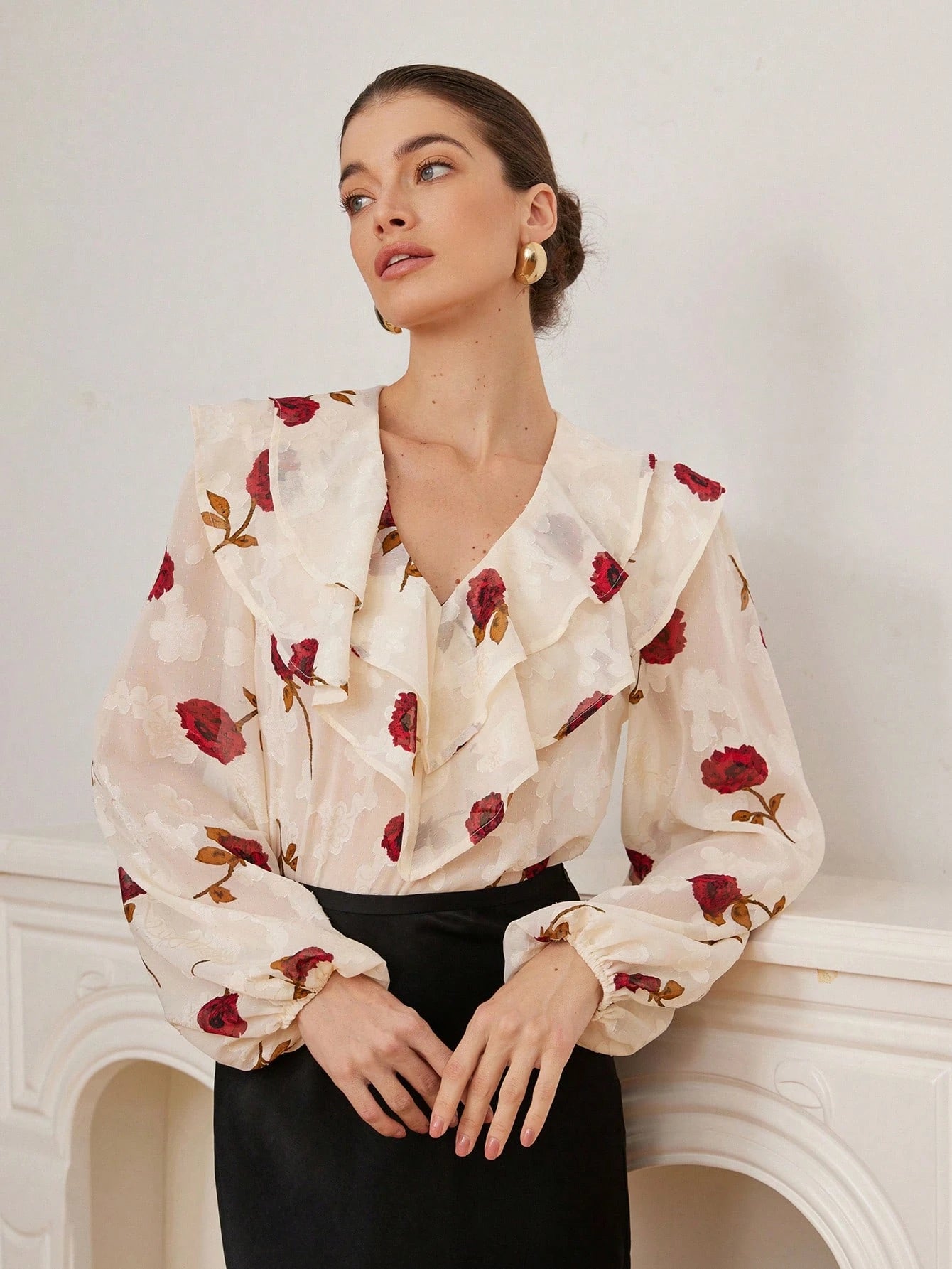 SHEIN Aveloria Rosie V-Neck Double Layer Ruffle Trim Sheer Cut-Out Floral Chiffon Women Long Sleeve Cropped Blouse, Romantic Italian Style Elegant Fashionable Style For Spring Fall