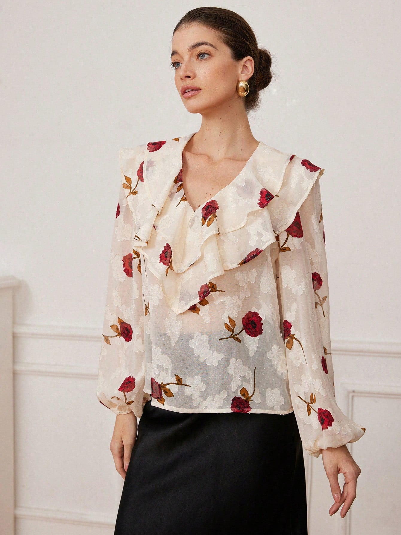 SHEIN Aveloria Rosie V-Neck Double Layer Ruffle Trim Sheer Cut-Out Floral Chiffon Women Long Sleeve Cropped Blouse, Romantic Italian Style Elegant Fashionable Style For Spring Fall