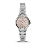 A Closeupfrontside View Burberry Silver Stainless Steel Pink Dial Quartz Watch for Women with White Backgroud