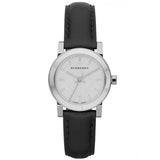 Close up Fornt side View Burberry Black Leather Strap Silver Dial Quartz Watch for Women with White Background