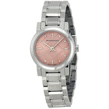 A front side view Burberry The City Silver Stainless Steel Pink Dial Quartz Watch for Women