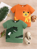  | SHEIN Baby Boy 2pcs/Set Cute Animal Dinosaur & Lion Pattern Print Short Sleeve T-Shirt For Spring And Summer | Dress | Shein | OneHub