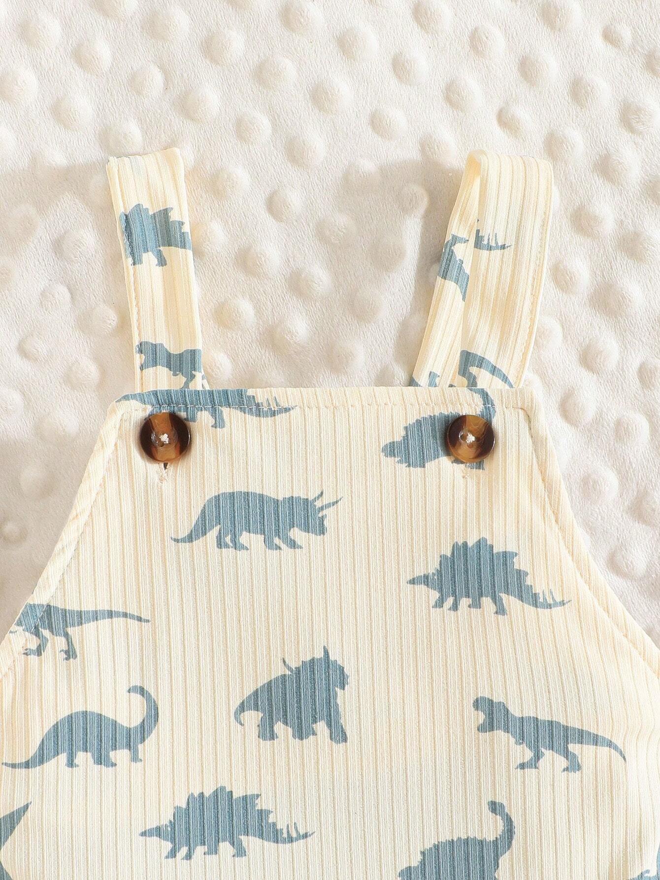 SHEIN Baby Boy Summer Set - Stylish Casual Solid Color Short Sleeve T-Shirt And Cute Dinosaur Overalls