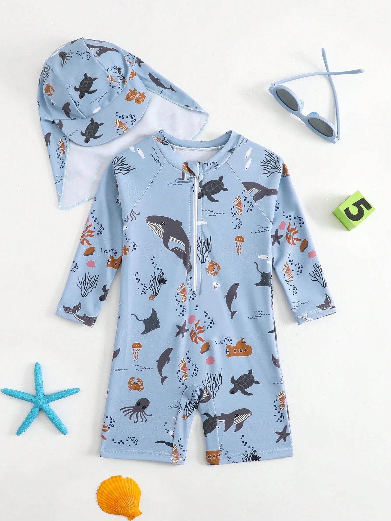  | SHEIN Baby Boy's Cartoon Ocean Animals Printed Long Sleeve One-Piece Swimsuit With Hat | Dress | Shein | OneHub