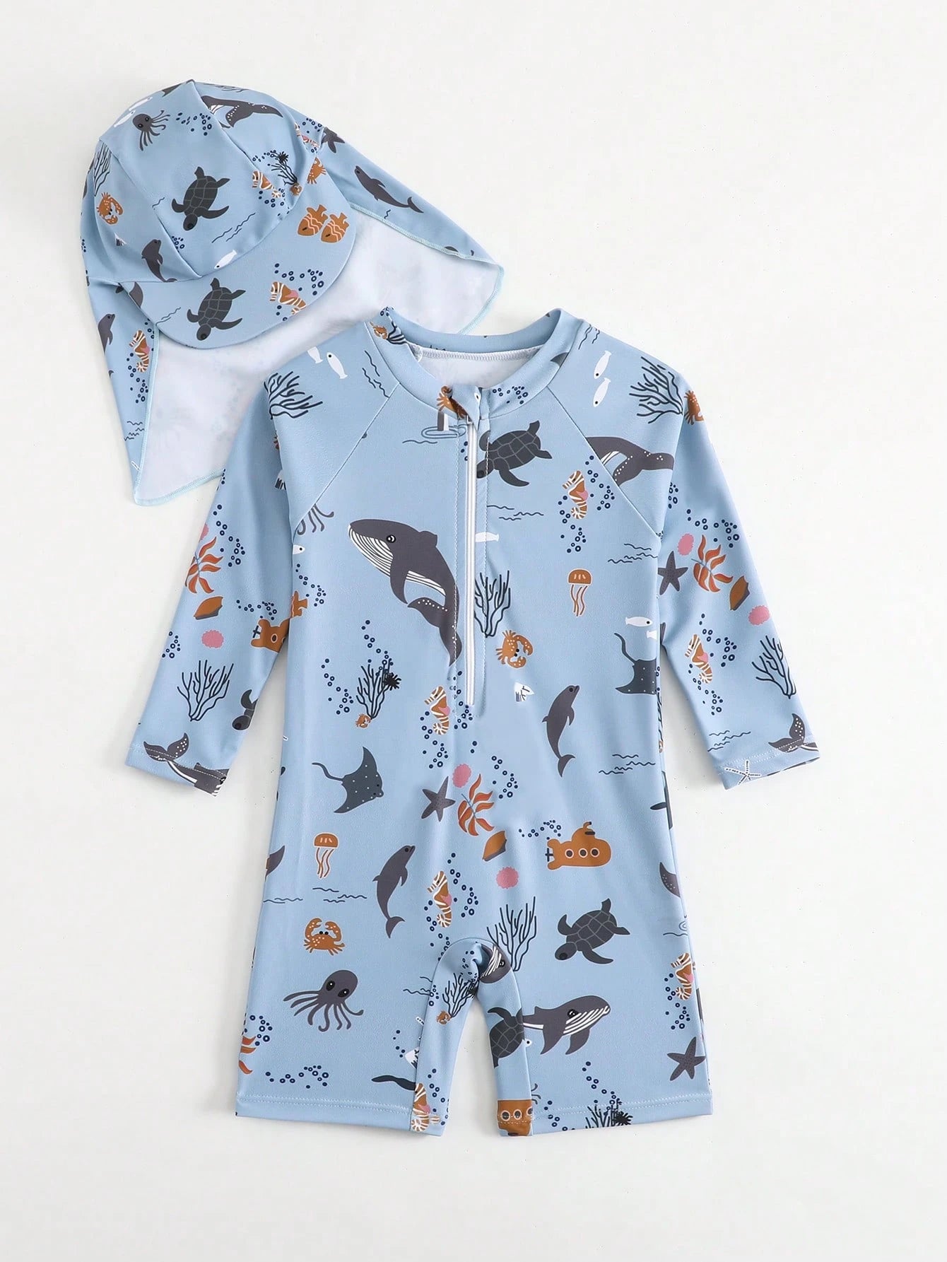  | SHEIN Baby Boy's Cartoon Ocean Animals Printed Long Sleeve One-Piece Swimsuit With Hat | Dress | Shein | OneHub
