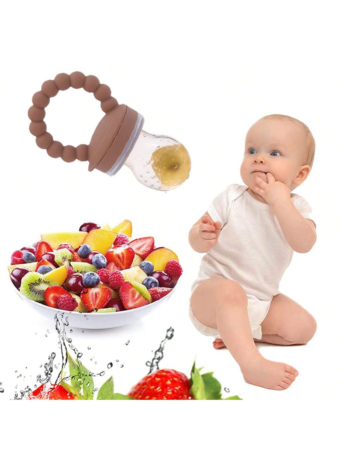  | SHEIN Baby Fruit Feeder Pacifier, Silicone Teething Toy With Handle, Infant Food Feeder For Fresh Fruits, Vegetables, Ice Chips, Dusty Pink | Bags | Shein | OneHub