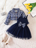 SHEIN Baby Girl Geo Print Flounce Sleeve Jacket & Bow Front Mesh Overlay Cami Dress