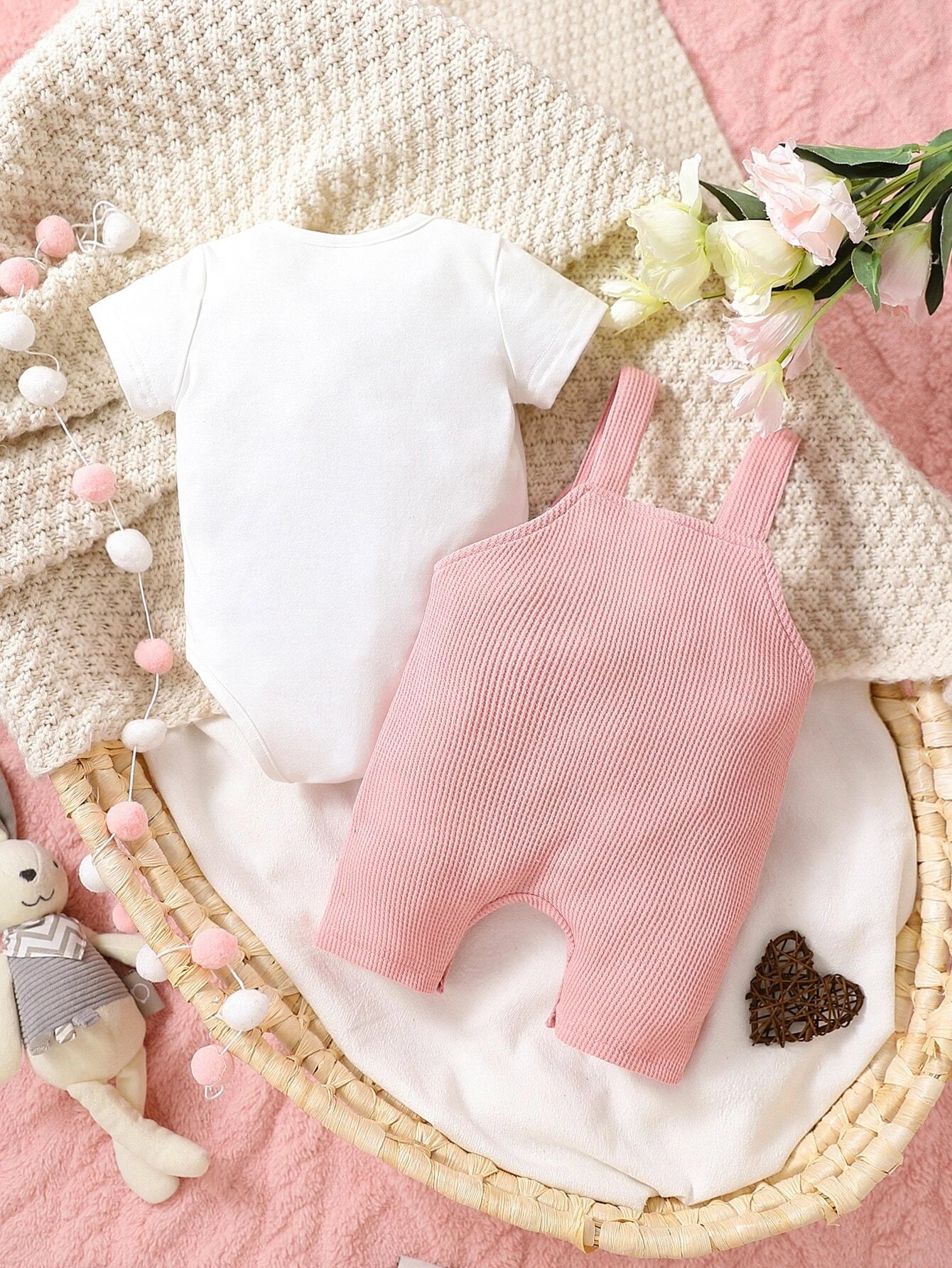  | SHEIN Baby Girl Newborn Solid Bodysuit & Heart Print Cami Romper | Dress | Shein | OneHub