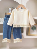 | SHEIN Baby Girl Solid Color Fringed Long Sleeve Top And Fringe Denim Pants Set | Bodysuit | Shein | OneHub