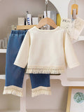  | SHEIN Baby Girl Solid Color Fringed Long Sleeve Top And Fringe Denim Pants Set | Bodysuit | Shein | OneHub