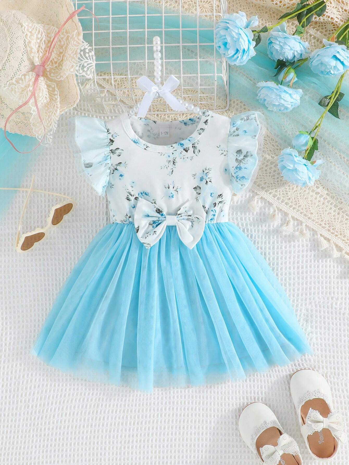  | SHEIN Baby Girl Summer Double-Layer Mesh Dress With Ruffle Sleeve Opening And Flower Print, Round Neck And Dual-Layer Mesh With Bow Decoration | Dress | Shein | OneHub