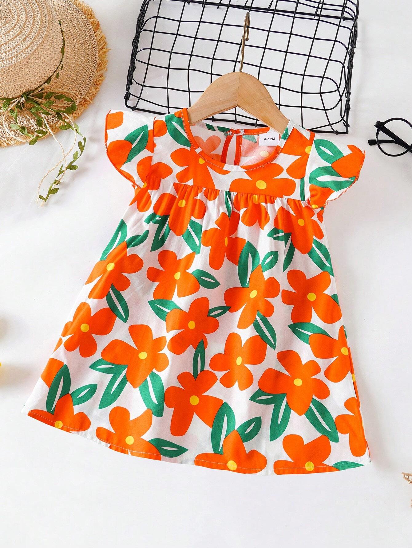 SHEIN Baby Girls' Floral Print Dress, Infant Short Sleeve Cute Princess Dress