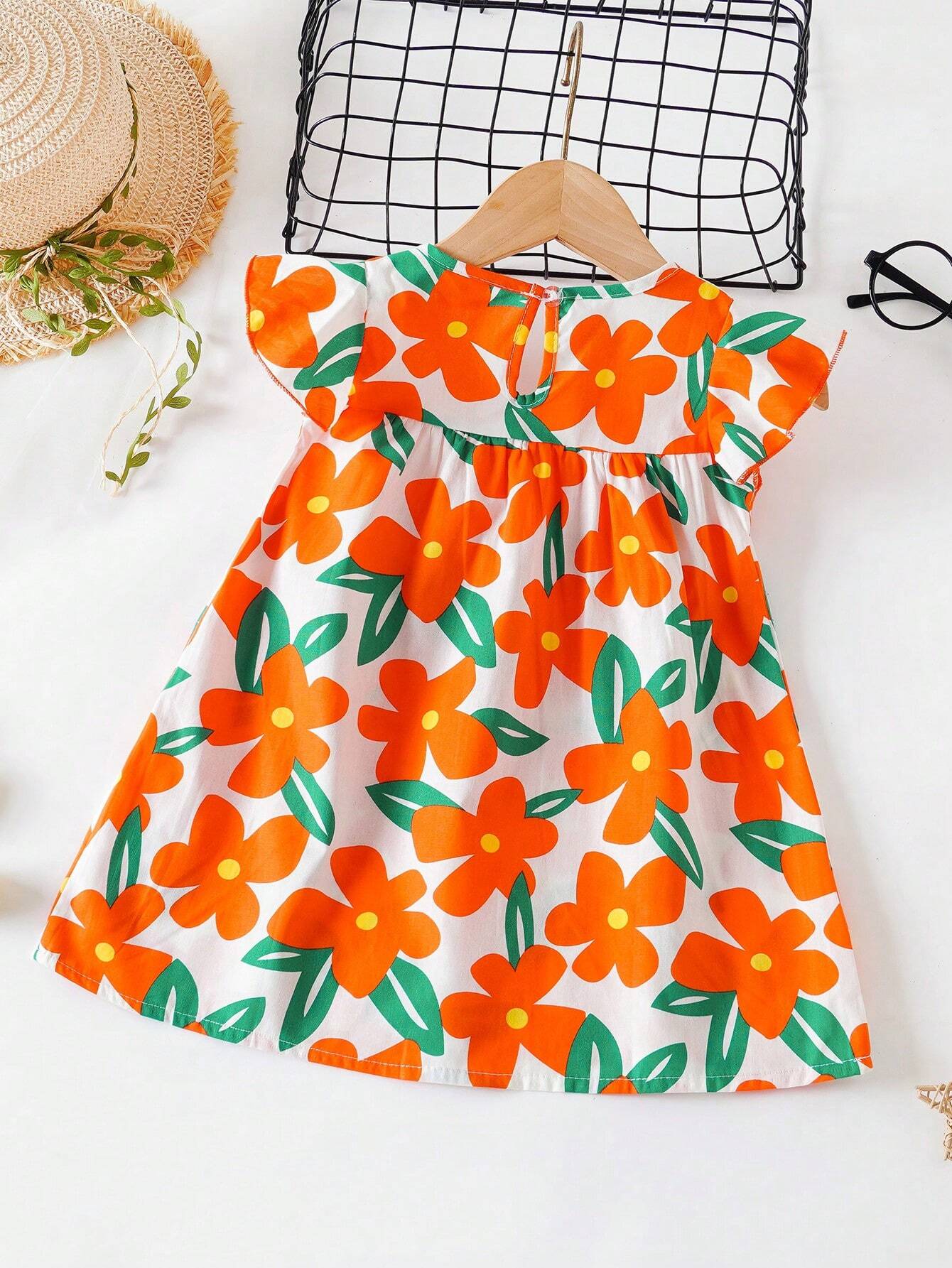 SHEIN Baby Girls' Floral Print Dress, Infant Short Sleeve Cute Princess Dress