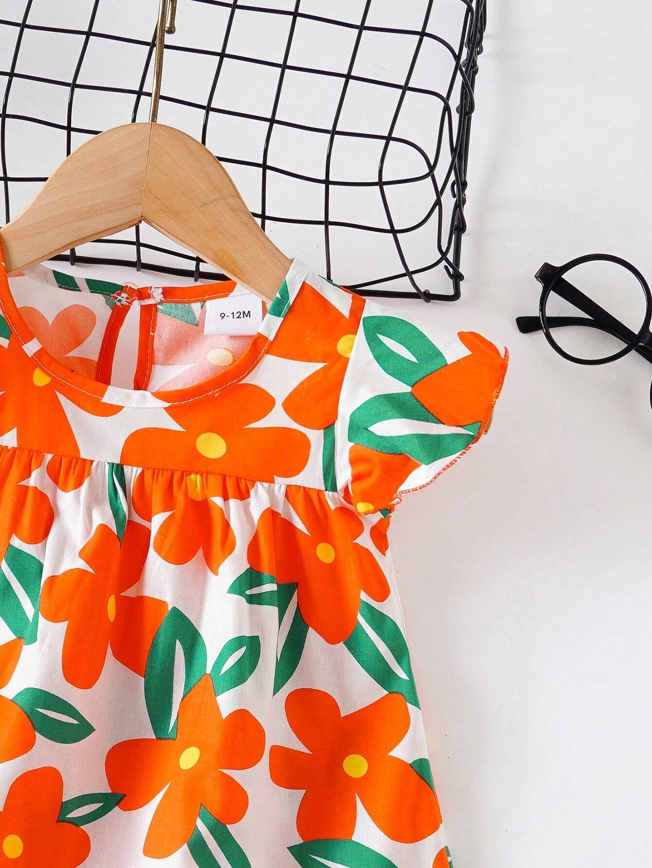 SHEIN Baby Girls' Floral Print Dress, Infant Short Sleeve Cute Princess Dress